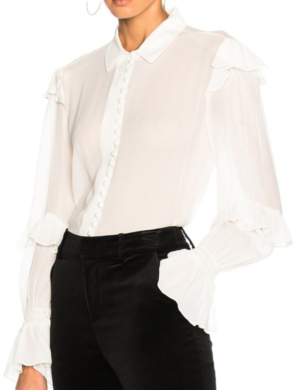 Frame 100% Silk Ivory Victorian Ruffle Long Sleeve Semi Sheer Blouse